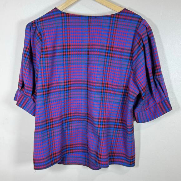 Eloquii Womens Plus Size Blouse Ballon Sleeve Plaid Round Neck Blue Pink Size 18 - Picture 3 of 7